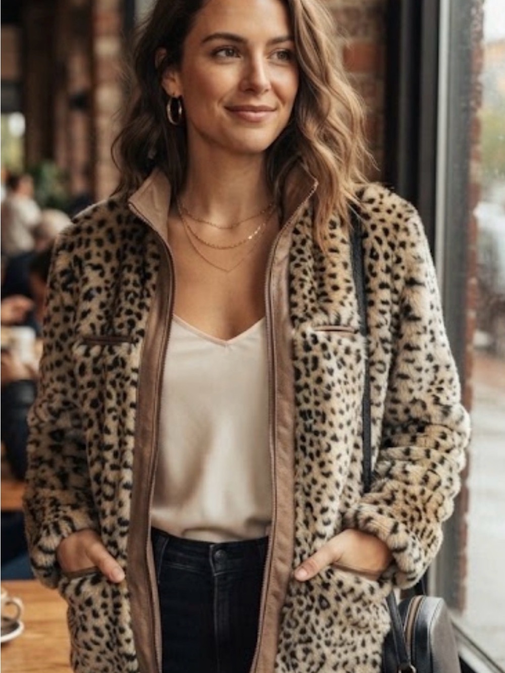 Tally Ho Leopard-Print Faux Fur Teddy Jacket in Beige and Black